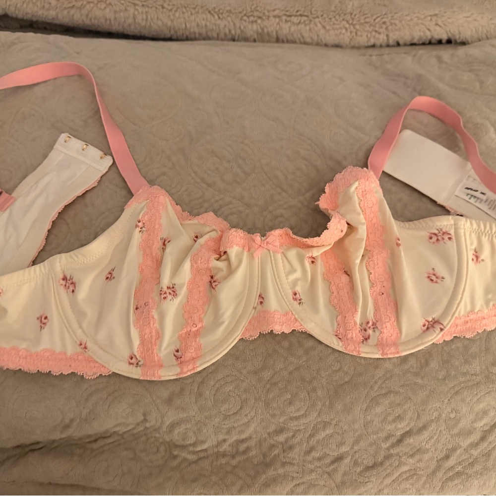 Aerie Cream and Pink Floral Lace Bra